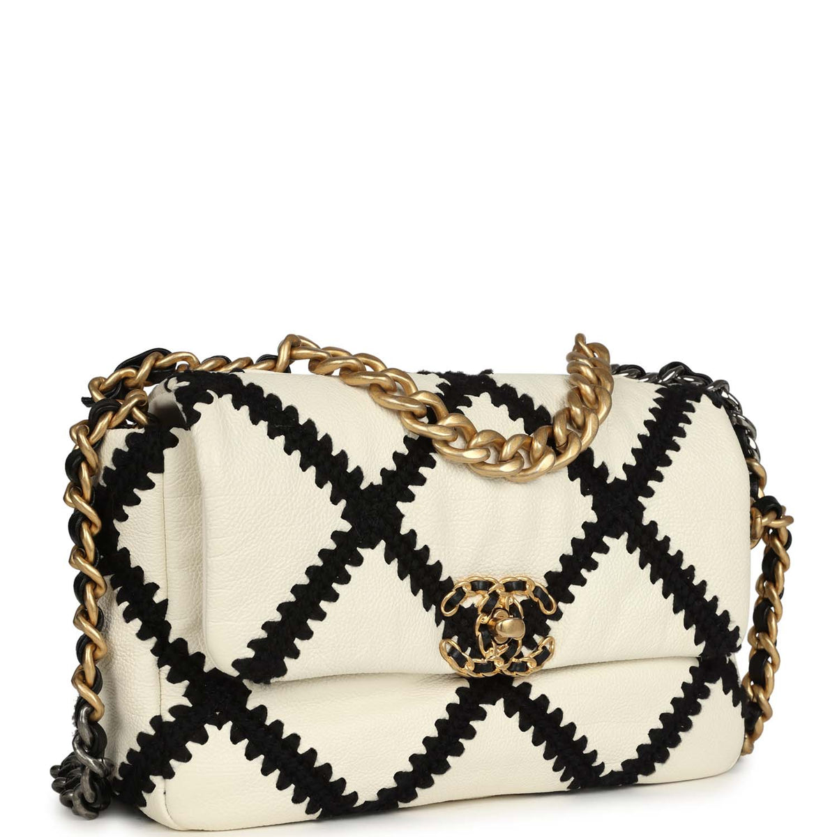 Chanel Medium 19 Flap Bag White Calfskin, Black Crochet Mixed Metal Hardware