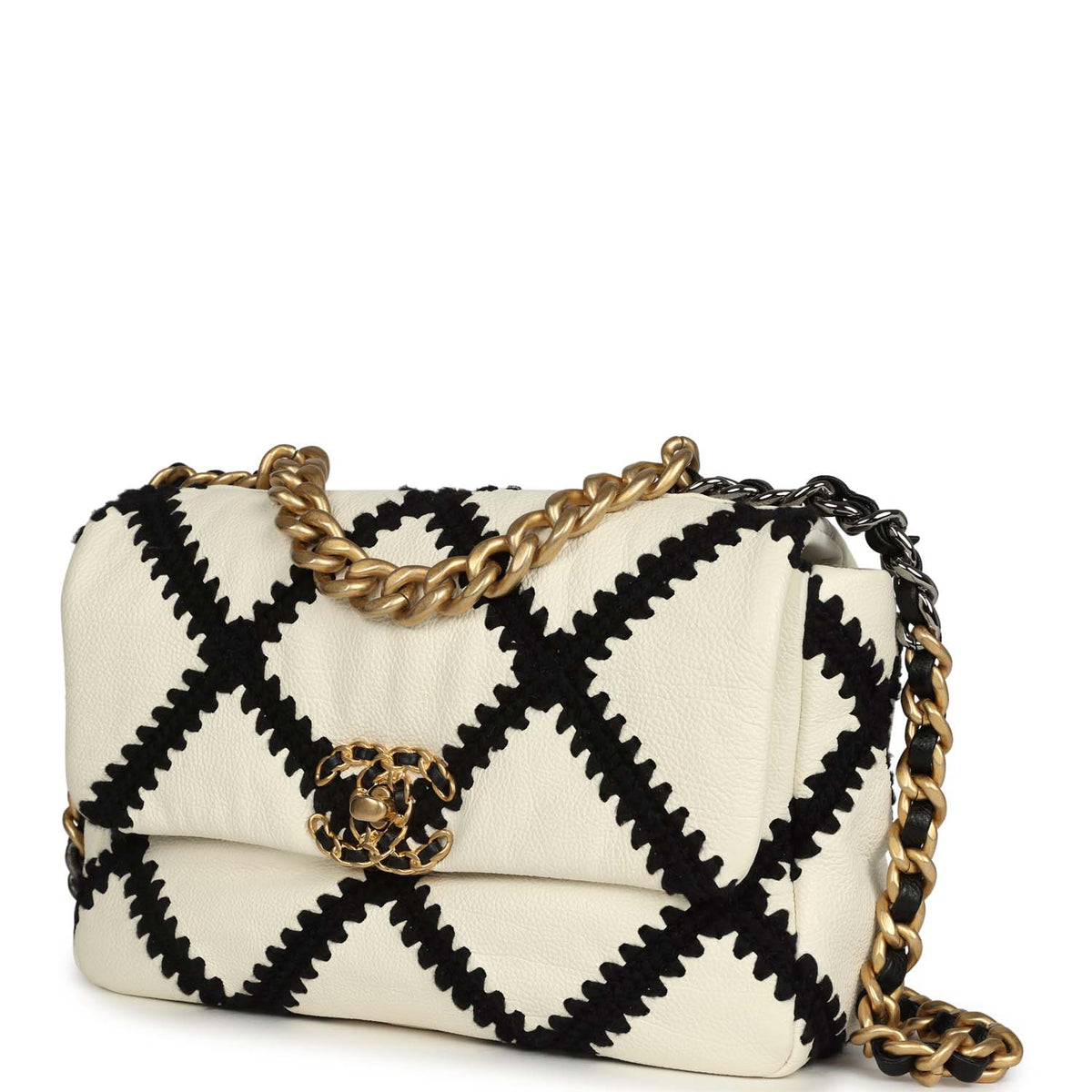 Chanel Medium 19 Flap Bag White Calfskin, Black Crochet Mixed Metal Hardware