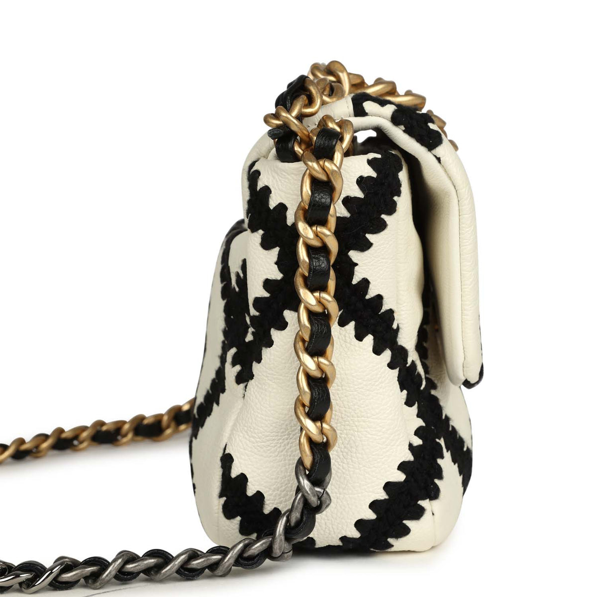 Chanel Medium 19 Flap Bag White Calfskin, Black Crochet Mixed Metal Hardware