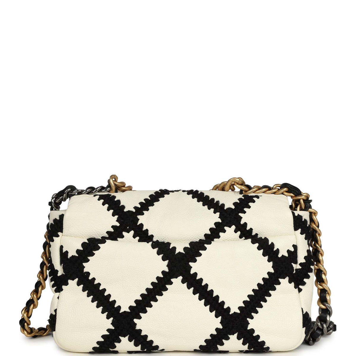 Chanel Medium 19 Flap Bag White Calfskin, Black Crochet Mixed Metal Hardware