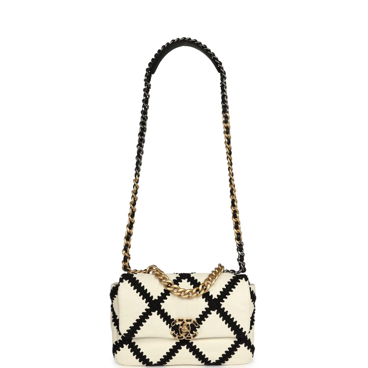 Chanel Medium 19 Flap Bag White Calfskin, Black Crochet Mixed Metal Hardware