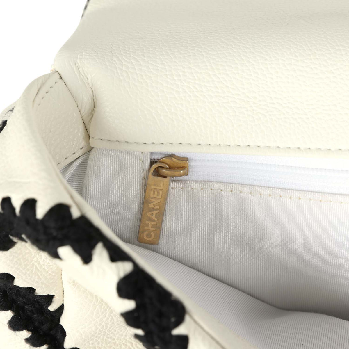 Chanel Medium 19 Flap Bag White Calfskin, Black Crochet Mixed Metal Hardware
