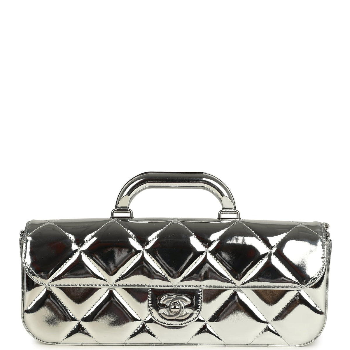 Chanel Large Top Handle Long Flap Bag with Chain Silver Mirror Calfskin Silver Hardware