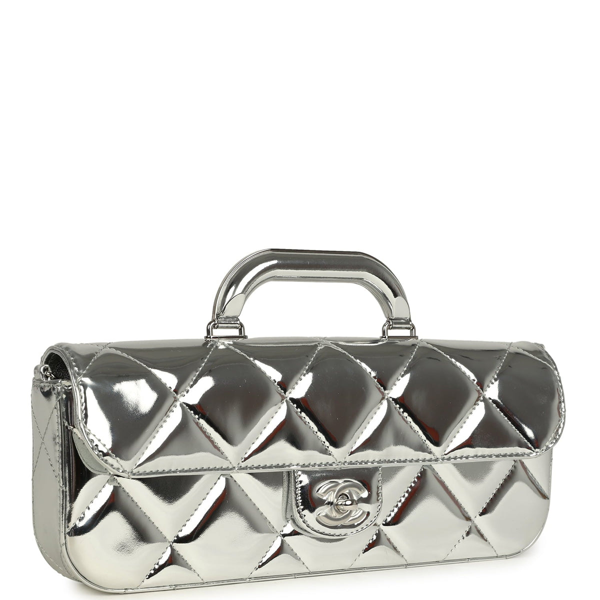 Chanel Large Top Handle Long Flap Bag with Chain Silver Mirror Calfskin Silver Hardware