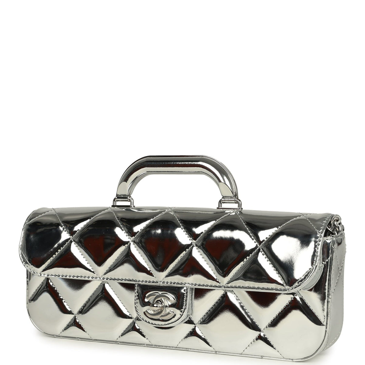 Chanel Large Top Handle Long Flap Bag with Chain Silver Mirror Calfskin Silver Hardware