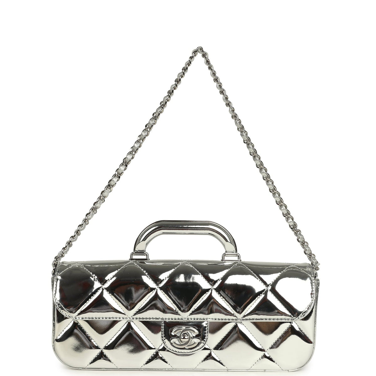 Chanel Large Top Handle Long Flap Bag with Chain Silver Mirror Calfskin Silver Hardware
