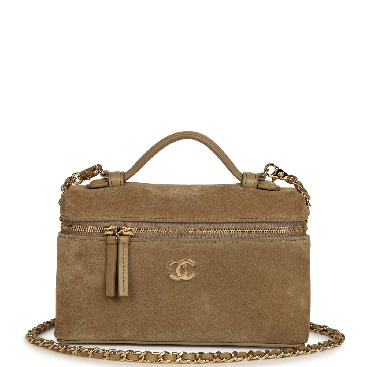 Chanel Top Handle Long Vanity Case with Chain Dark Beige Suede Gold Hardware