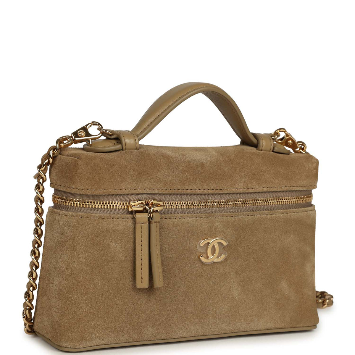 Chanel Top Handle Long Vanity Case with Chain Dark Beige Suede Gold Hardware