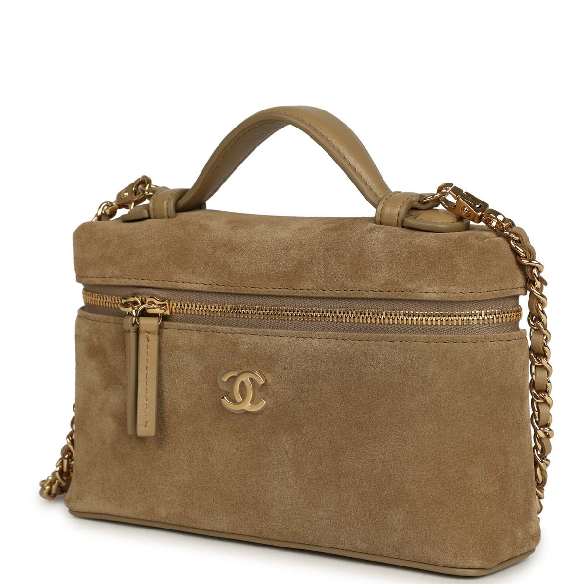 Chanel Top Handle Long Vanity Case with Chain Dark Beige Suede Gold Hardware