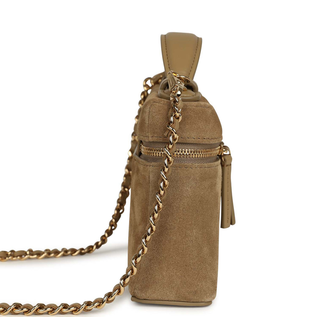 Chanel Top Handle Long Vanity Case with Chain Dark Beige Suede Gold Hardware