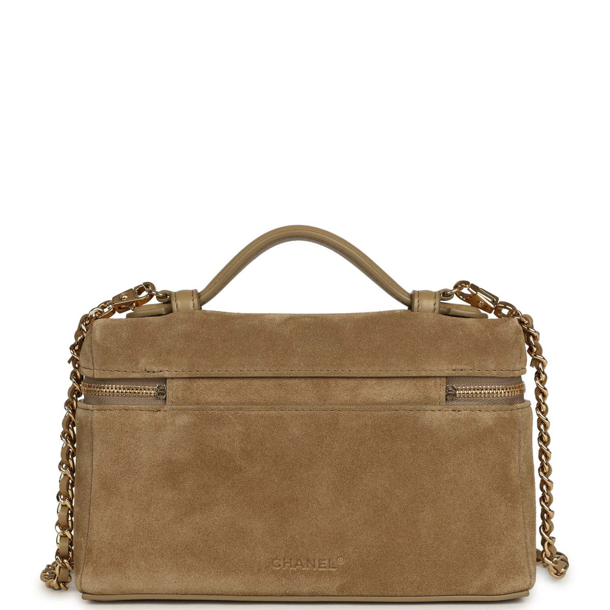 Chanel Top Handle Long Vanity Case with Chain Dark Beige Suede Gold Hardware
