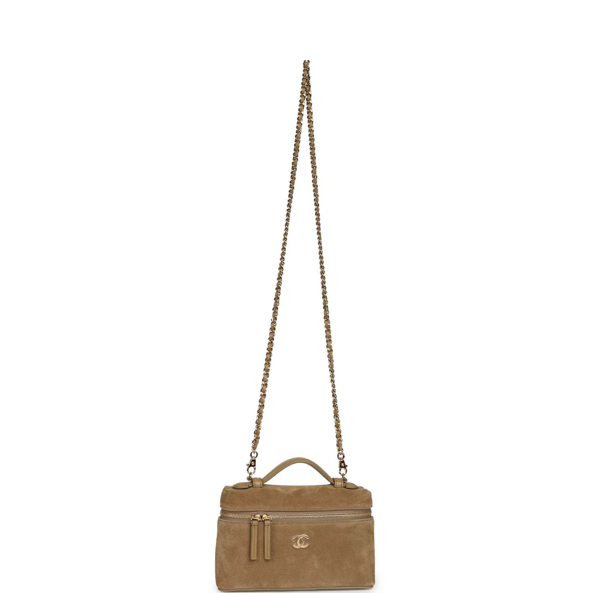 Chanel Top Handle Long Vanity Case with Chain Dark Beige Suede Gold Hardware
