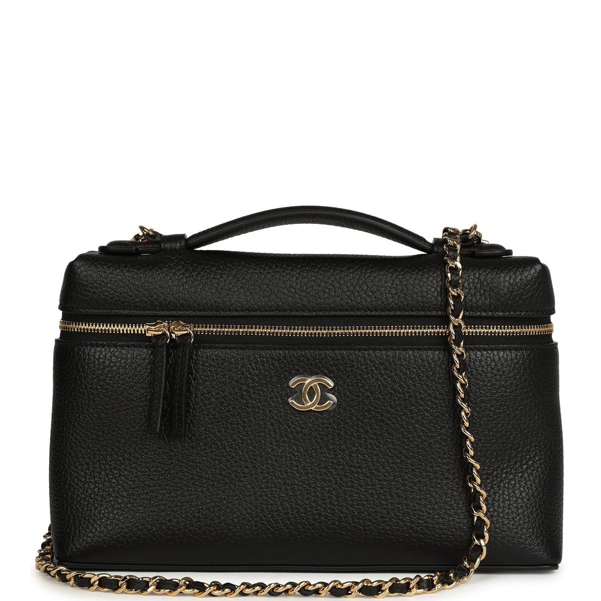 Chanel Large "Supple" Top Handle Long Vanity Case with Chain Black Grained Calfskin Gold Hardware