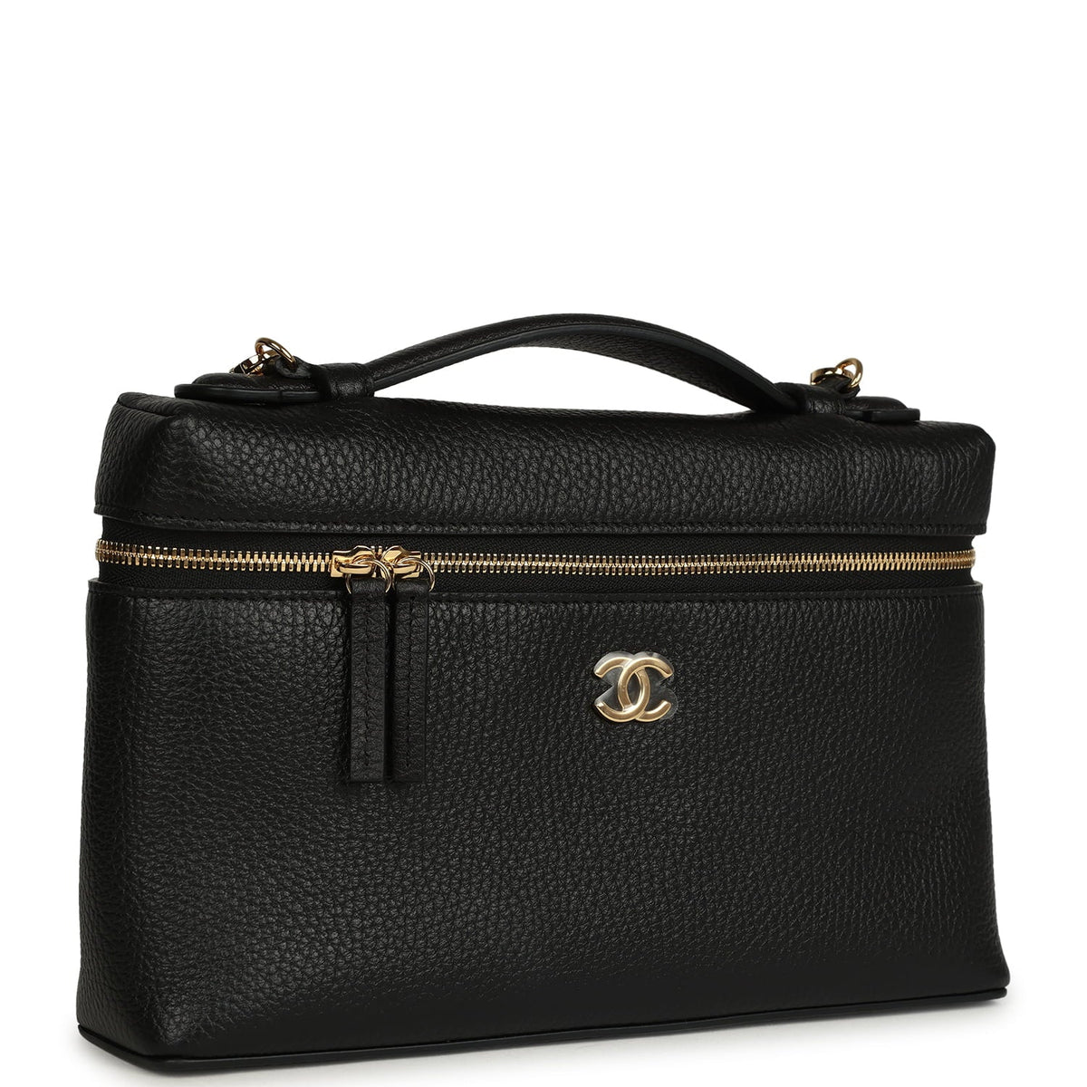Chanel Large "Supple" Top Handle Long Vanity Case with Chain Black Grained Calfskin Gold Hardware