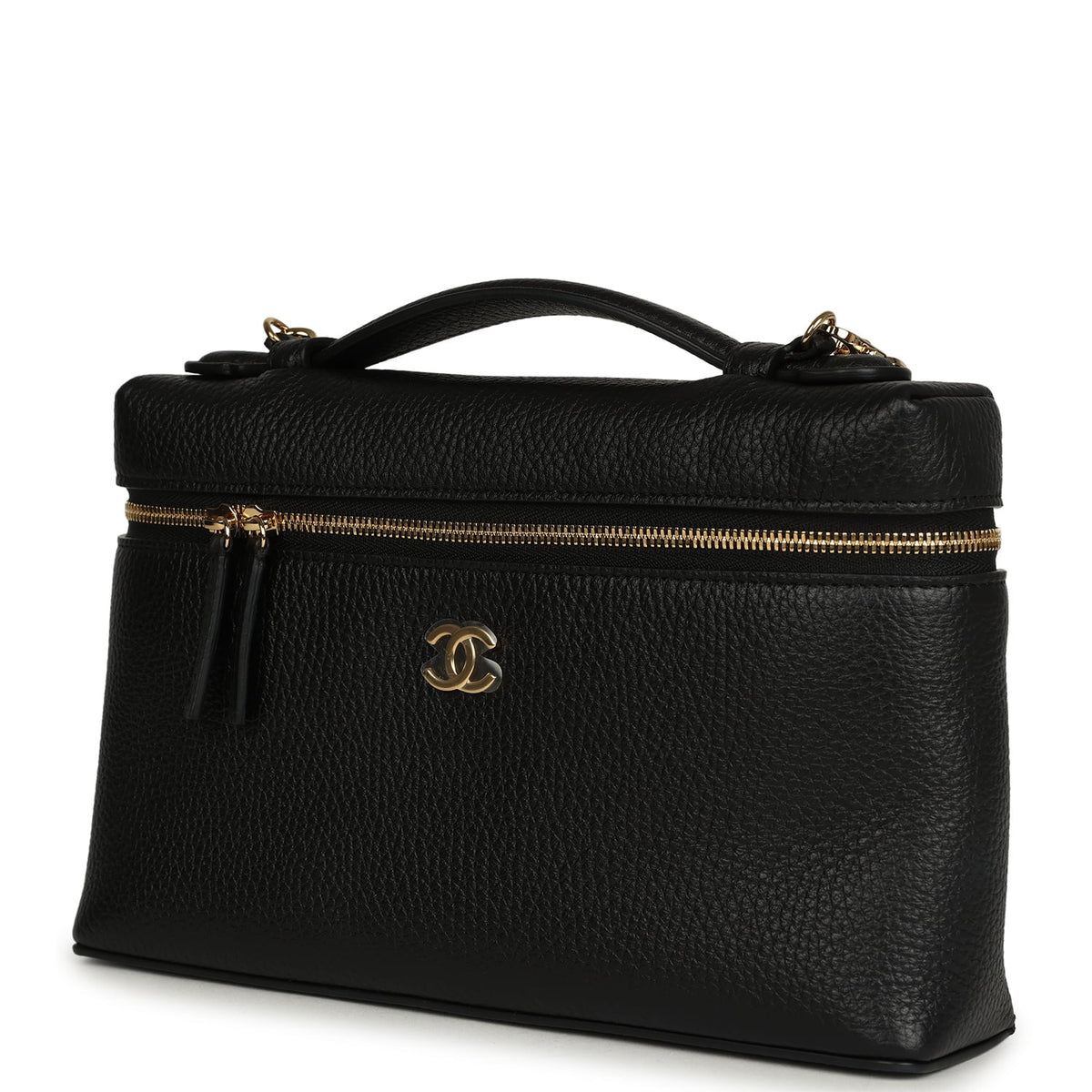 Chanel Large "Supple" Top Handle Long Vanity Case with Chain Black Grained Calfskin Gold Hardware