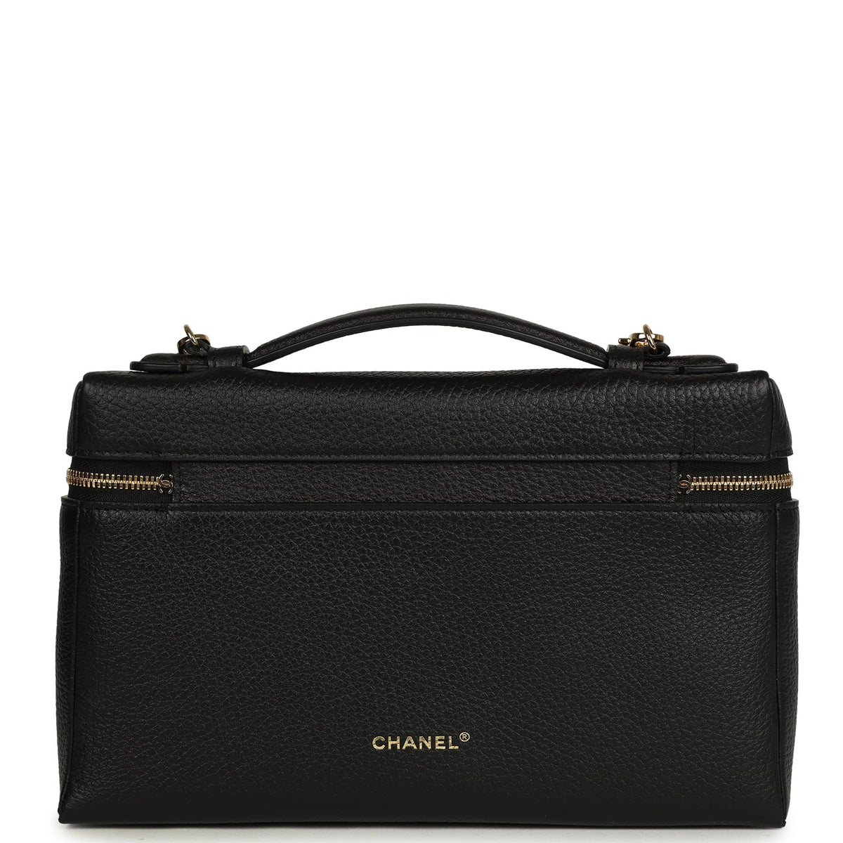 Chanel Large "Supple" Top Handle Long Vanity Case with Chain Black Grained Calfskin Gold Hardware