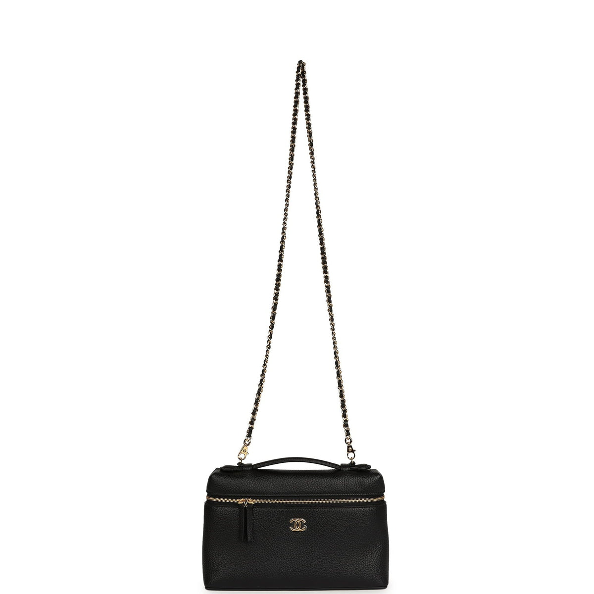 Chanel Large "Supple" Top Handle Long Vanity Case with Chain Black Grained Calfskin Gold Hardware