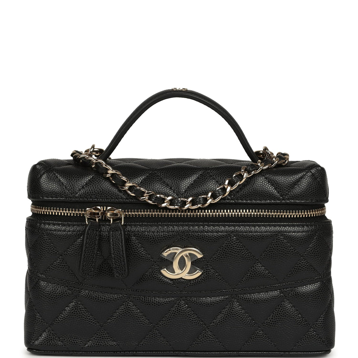 Chanel Top Handle Long Vanity Case with Chain Black Shiny Caviar Light Gold Hardware