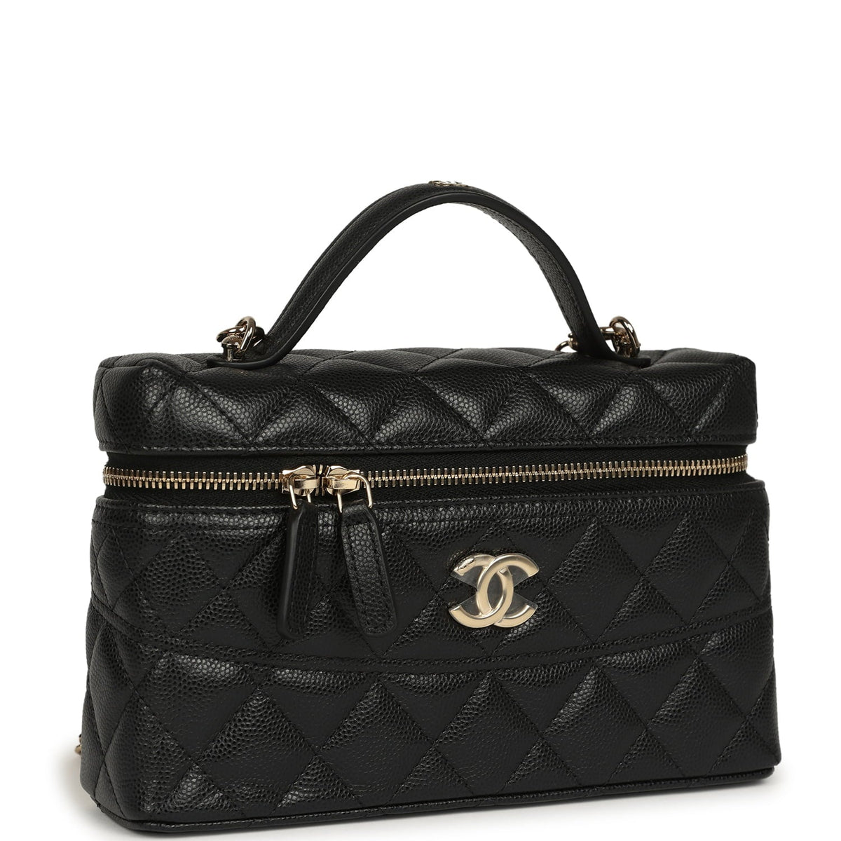 Chanel Top Handle Long Vanity Case with Chain Black Shiny Caviar Light Gold Hardware