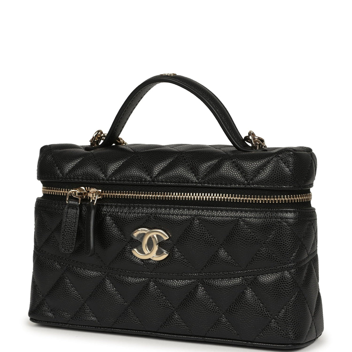 Chanel Top Handle Long Vanity Case with Chain Black Shiny Caviar Light Gold Hardware