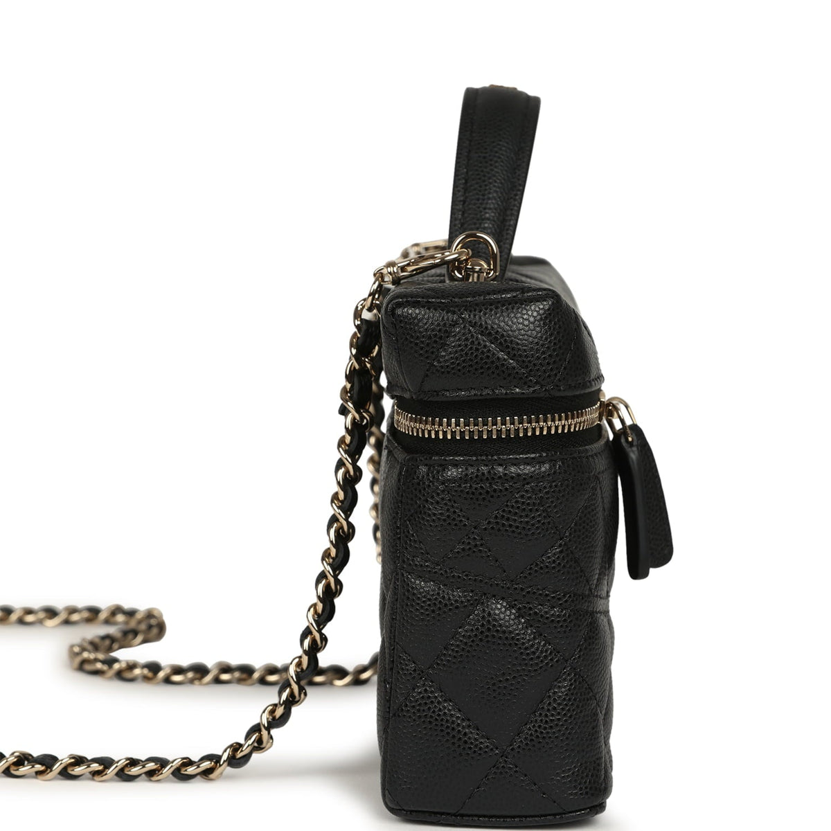 Chanel Top Handle Long Vanity Case with Chain Black Shiny Caviar Light Gold Hardware