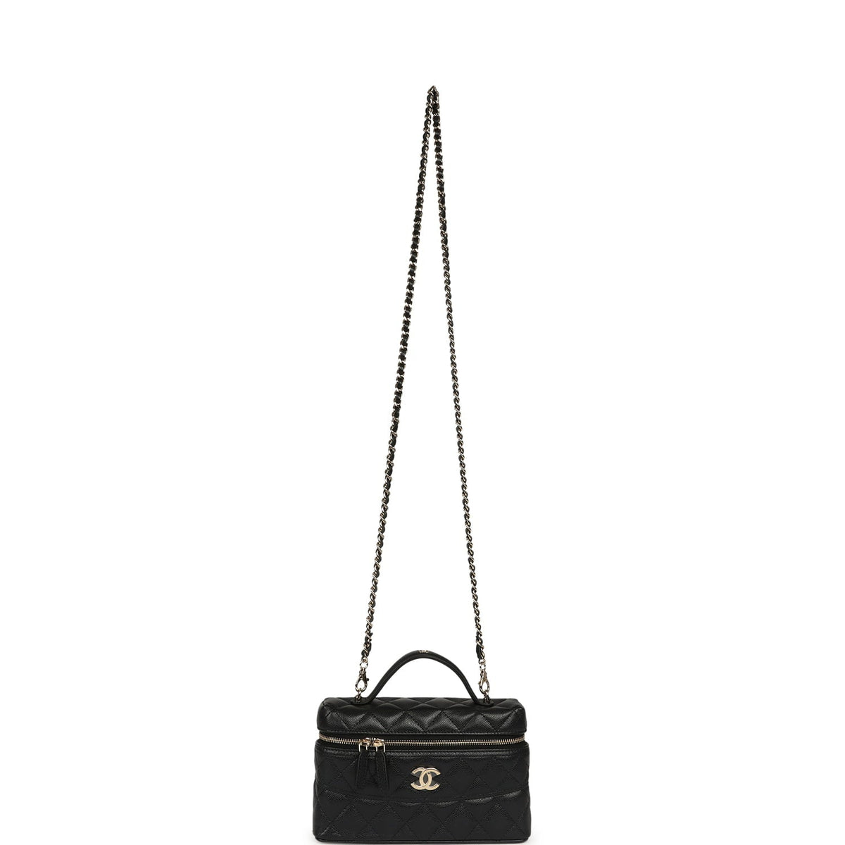 Chanel Top Handle Long Vanity Case with Chain Black Shiny Caviar Light Gold Hardware