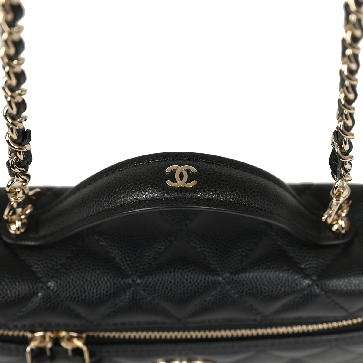 Chanel Top Handle Long Vanity Case with Chain Black Shiny Caviar Light Gold Hardware