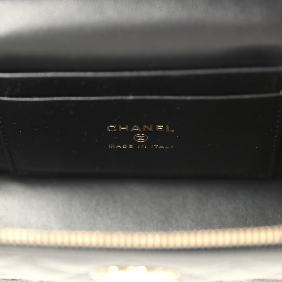 Chanel Top Handle Long Vanity Case with Chain Black Shiny Caviar Light Gold Hardware