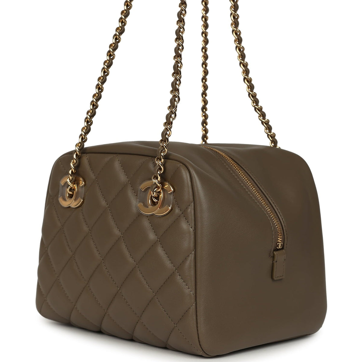 Chanel Small Bowling Bag Dark Khaki Lambskin Gold Hardware