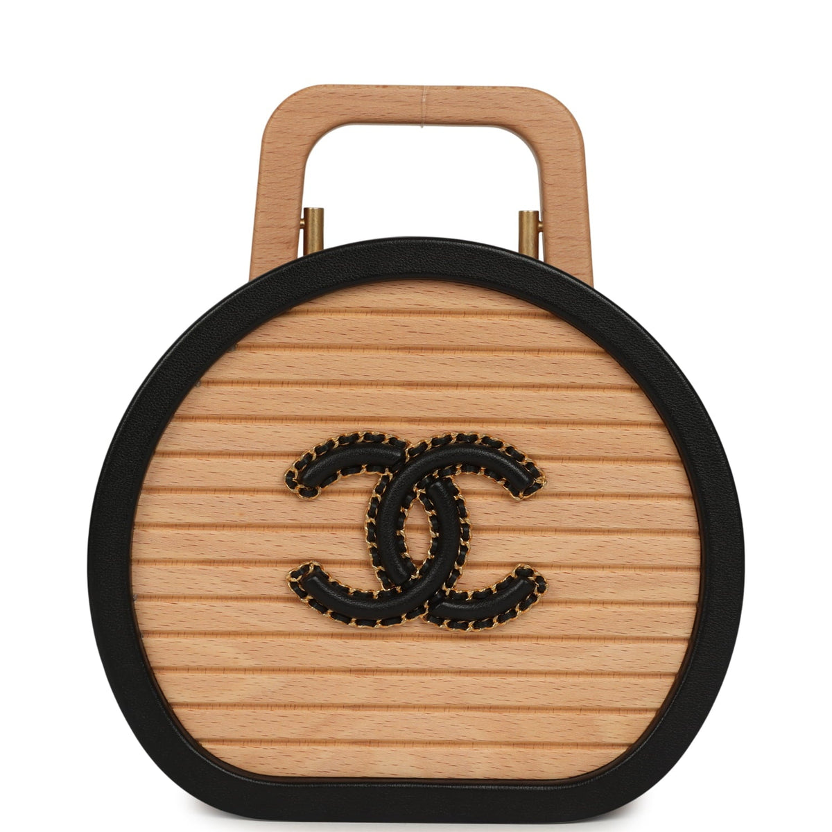 Pre-owned Chanel Small Round CC Vanity Case Tan Beechwood, Black Calfskin Antique Gold Hardware
