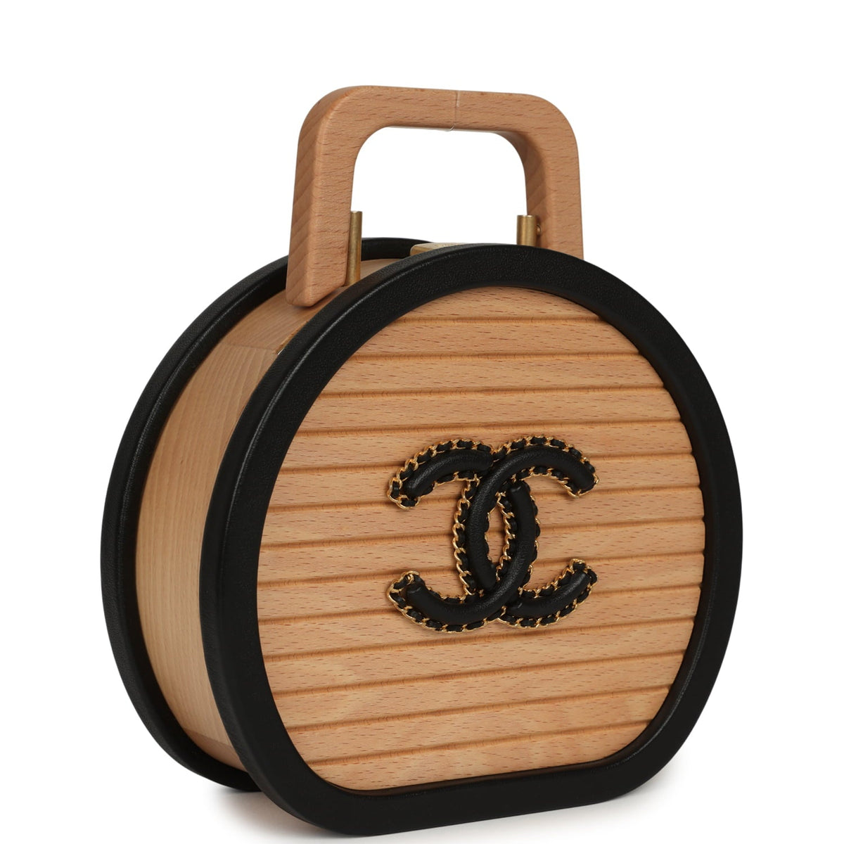 Pre-owned Chanel Small Round CC Vanity Case Tan Beechwood, Black Calfskin Antique Gold Hardware