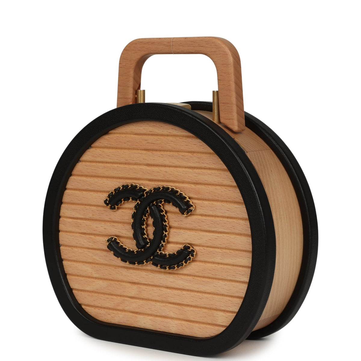 Pre-owned Chanel Small Round CC Vanity Case Tan Beechwood, Black Calfskin Antique Gold Hardware