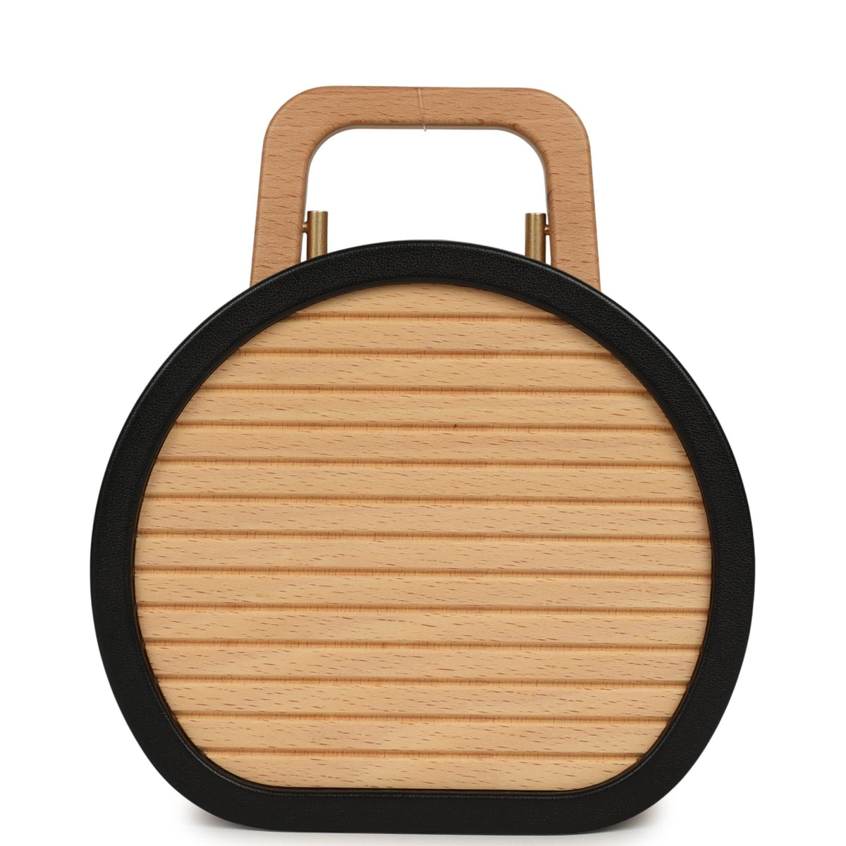 Pre-owned Chanel Small Round CC Vanity Case Tan Beechwood, Black Calfskin Antique Gold Hardware