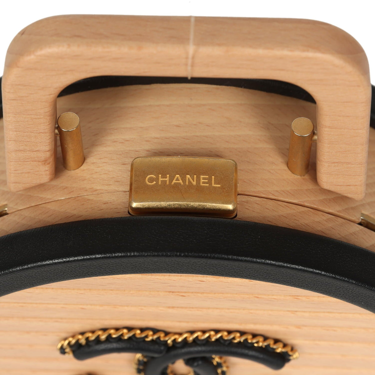 Pre-owned Chanel Small Round CC Vanity Case Tan Beechwood, Black Calfskin Antique Gold Hardware