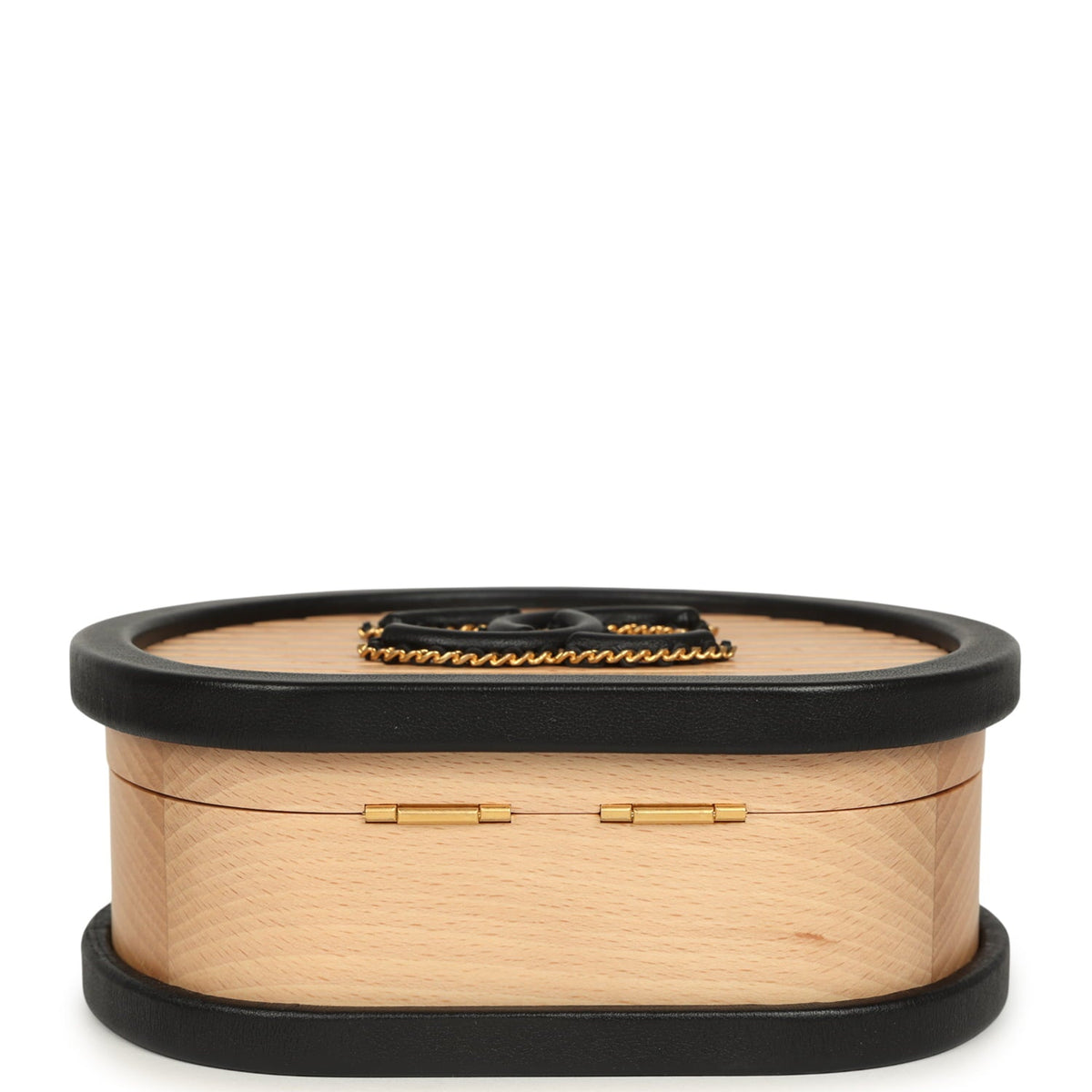 Pre-owned Chanel Small Round CC Vanity Case Tan Beechwood, Black Calfskin Antique Gold Hardware