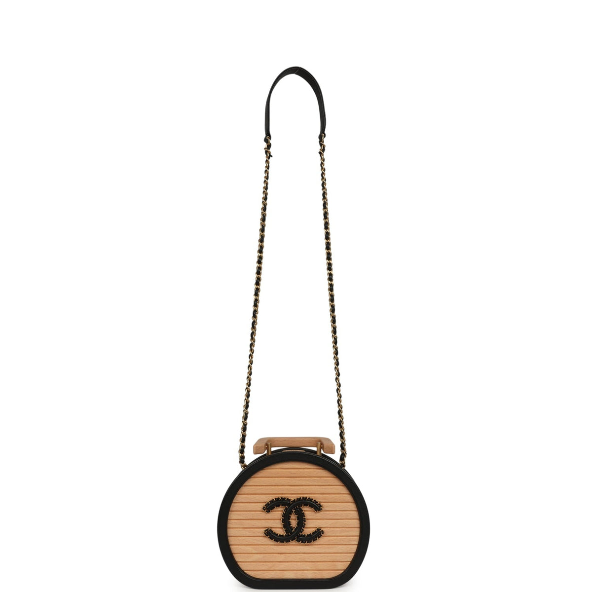 Pre-owned Chanel Small Round CC Vanity Case Tan Beechwood, Black Calfskin Antique Gold Hardware