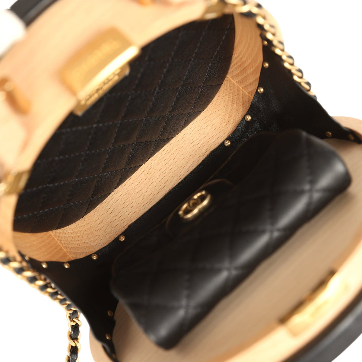 Pre-owned Chanel Small Round CC Vanity Case Tan Beechwood, Black Calfskin Antique Gold Hardware