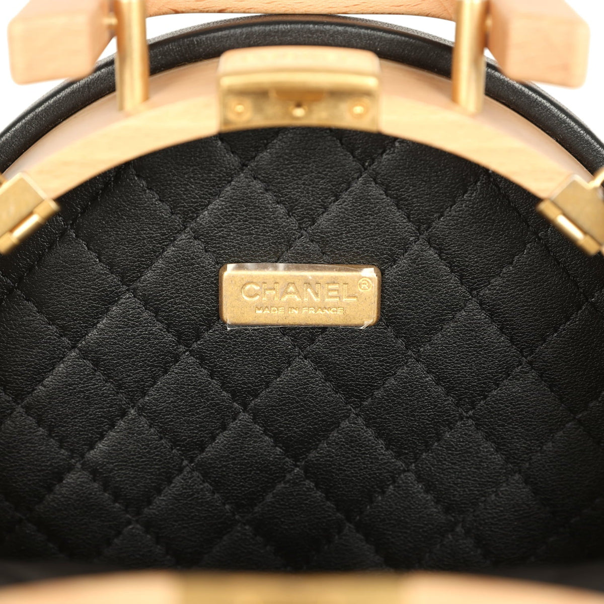 Pre-owned Chanel Small Round CC Vanity Case Tan Beechwood, Black Calfskin Antique Gold Hardware