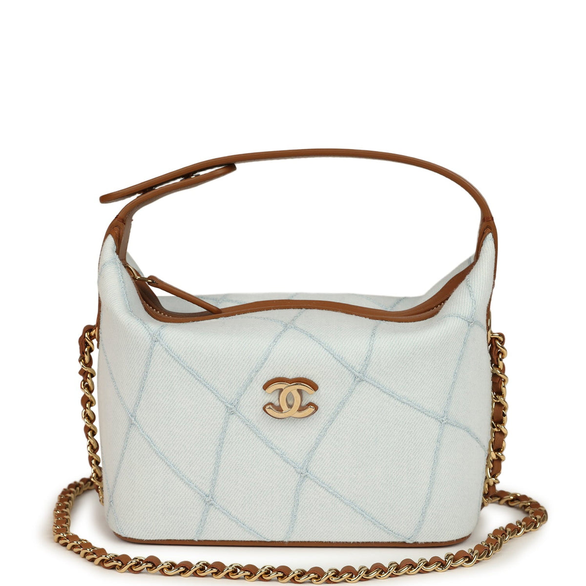 Chanel Mini CC Hobo Pouch with Chain Light Blue Denim and Brown Calfskin Gold Hardware