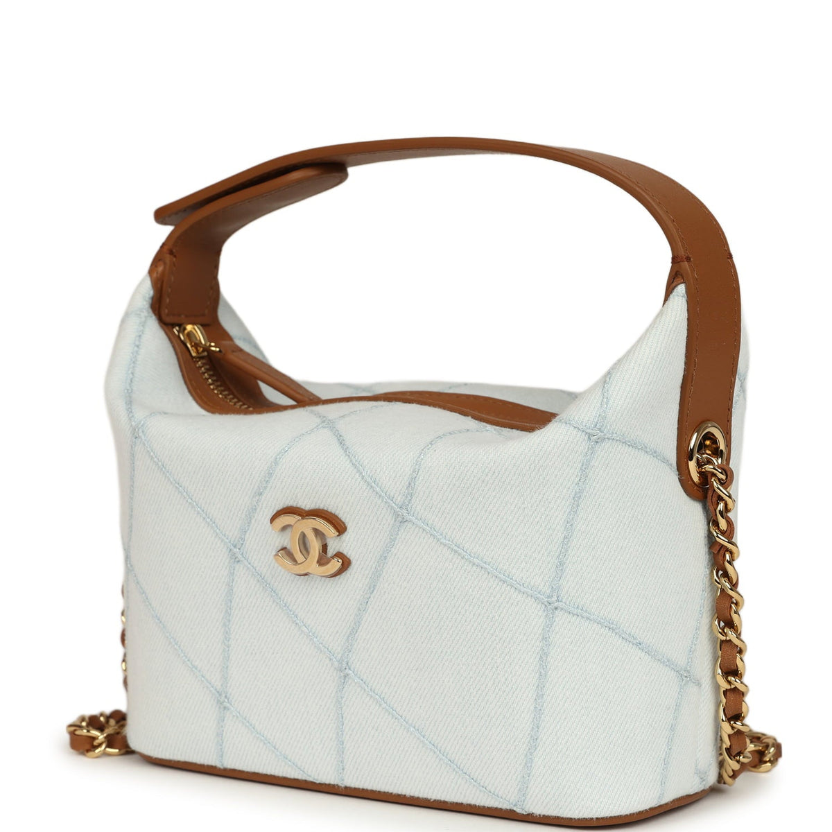 Chanel Mini CC Hobo Pouch with Chain Light Blue Denim and Brown Calfskin Gold Hardware