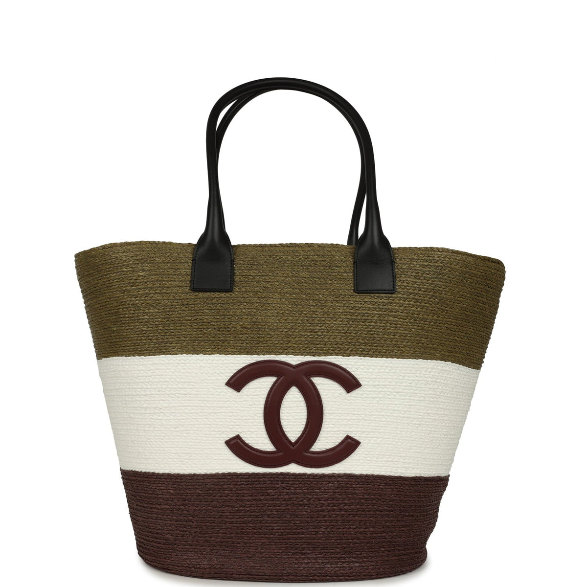 Chanel Maxi Coco Beach Small Shopping Bag Khaki, White, Brown Raffia and Calfskin