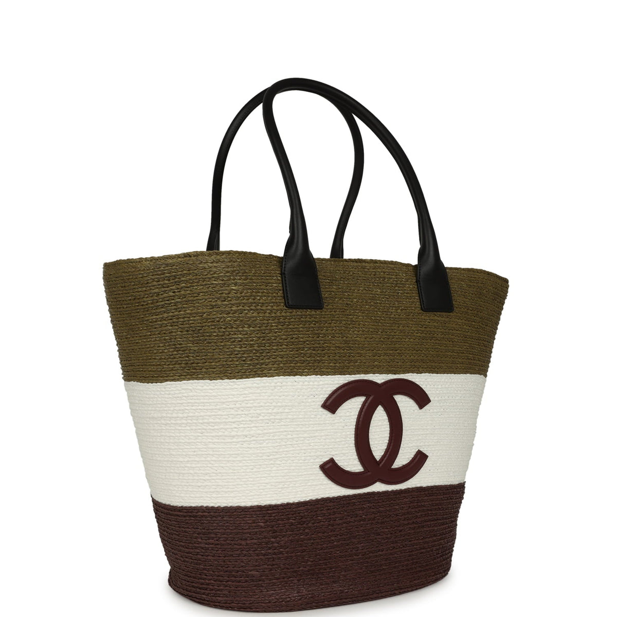 Chanel Maxi Coco Beach Small Shopping Bag Khaki, White, Brown Raffia and Calfskin