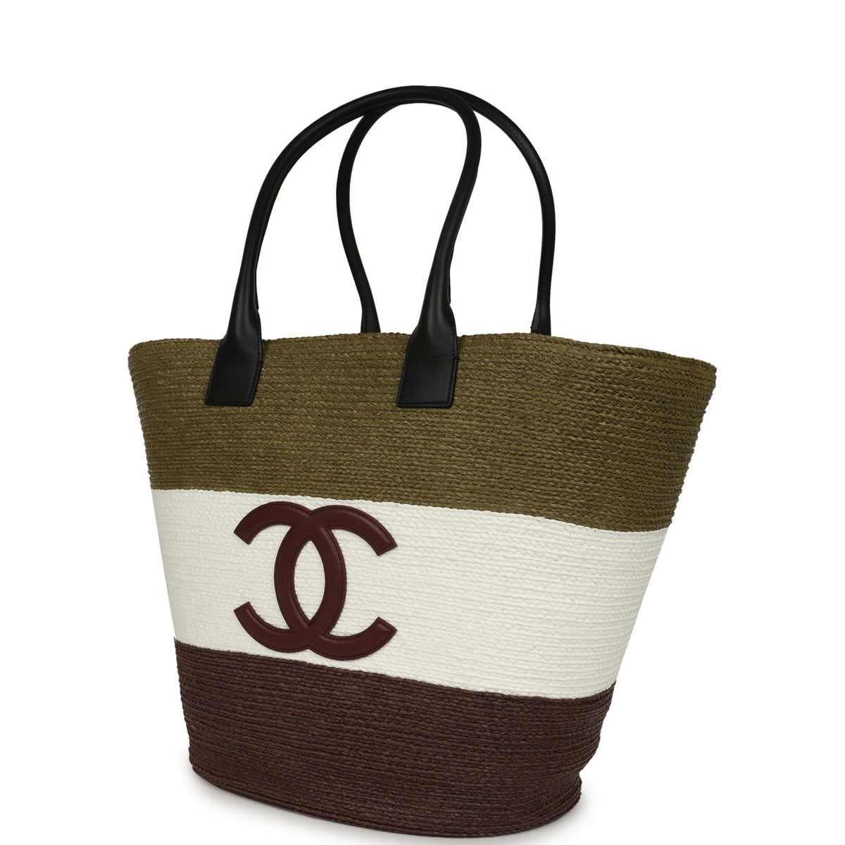 Chanel Maxi Coco Beach Small Shopping Bag Khaki, White, Brown Raffia and Calfskin