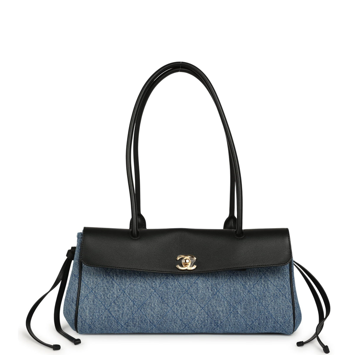 Chanel Small "Urban Essential" East West Shopping Tote Black Calfskin and Blue Denim Gold Hardware
