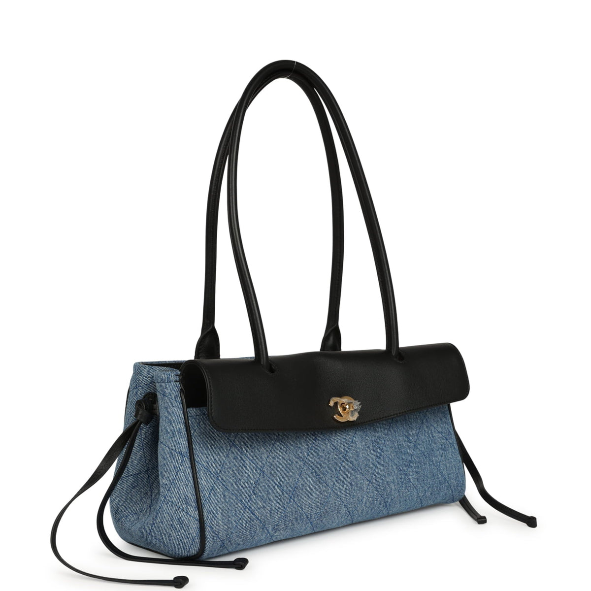 Chanel Small "Urban Essential" East West Shopping Tote Black Calfskin and Blue Denim Gold Hardware