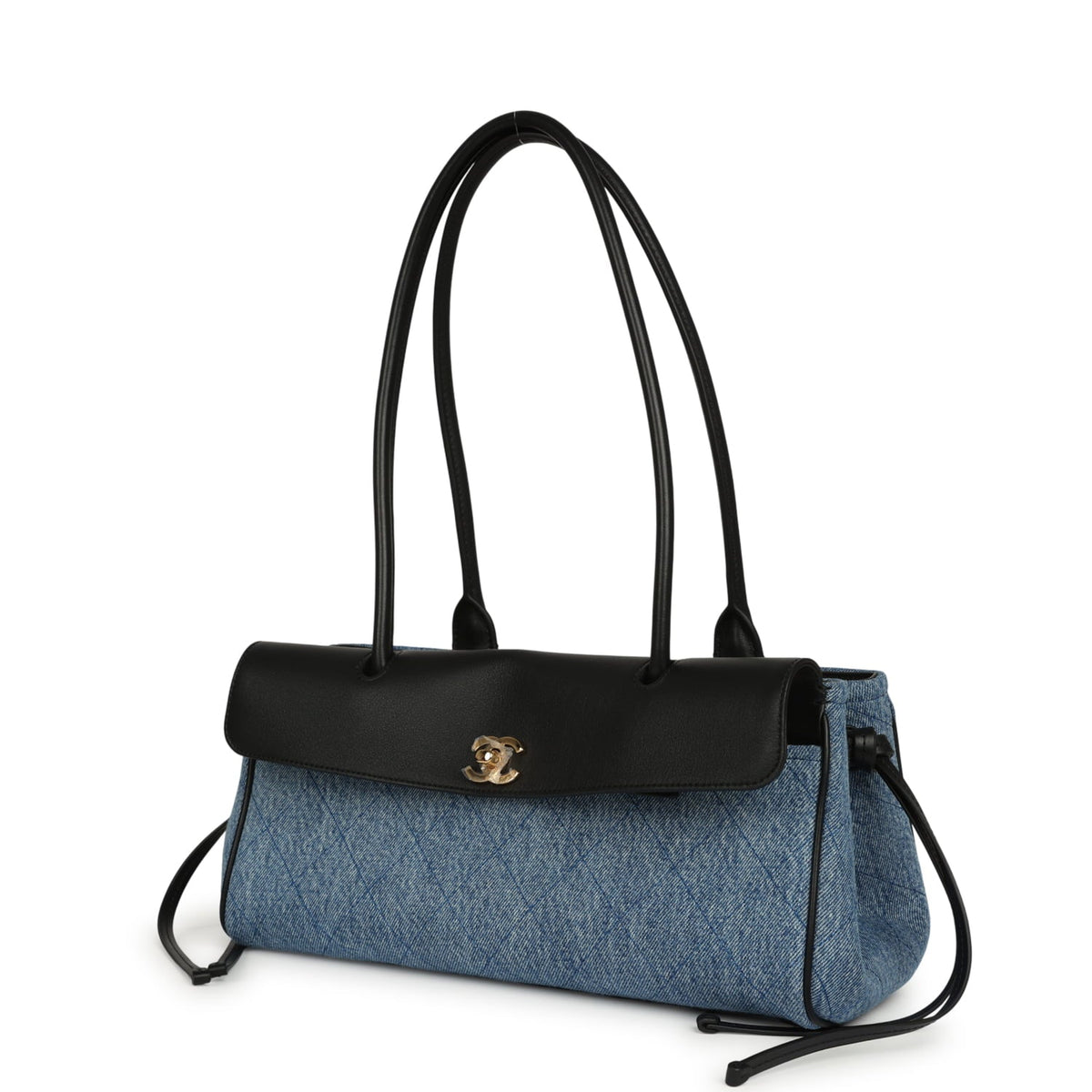 Chanel Small "Urban Essential" East West Shopping Tote Black Calfskin and Blue Denim Gold Hardware
