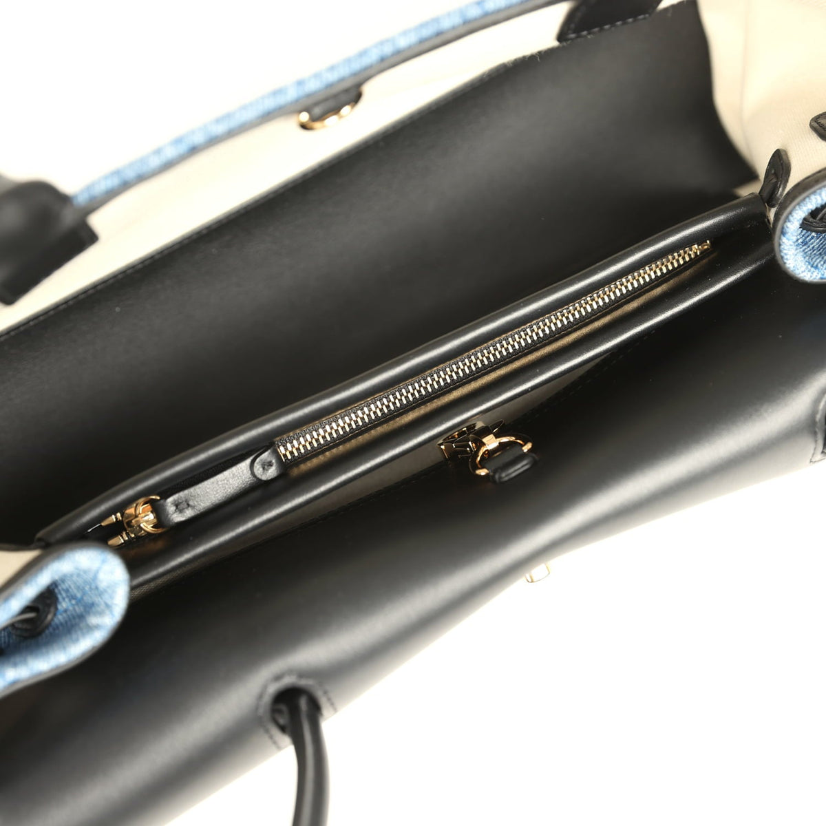 Chanel Small "Urban Essential" East West Shopping Tote Black Calfskin and Blue Denim Gold Hardware