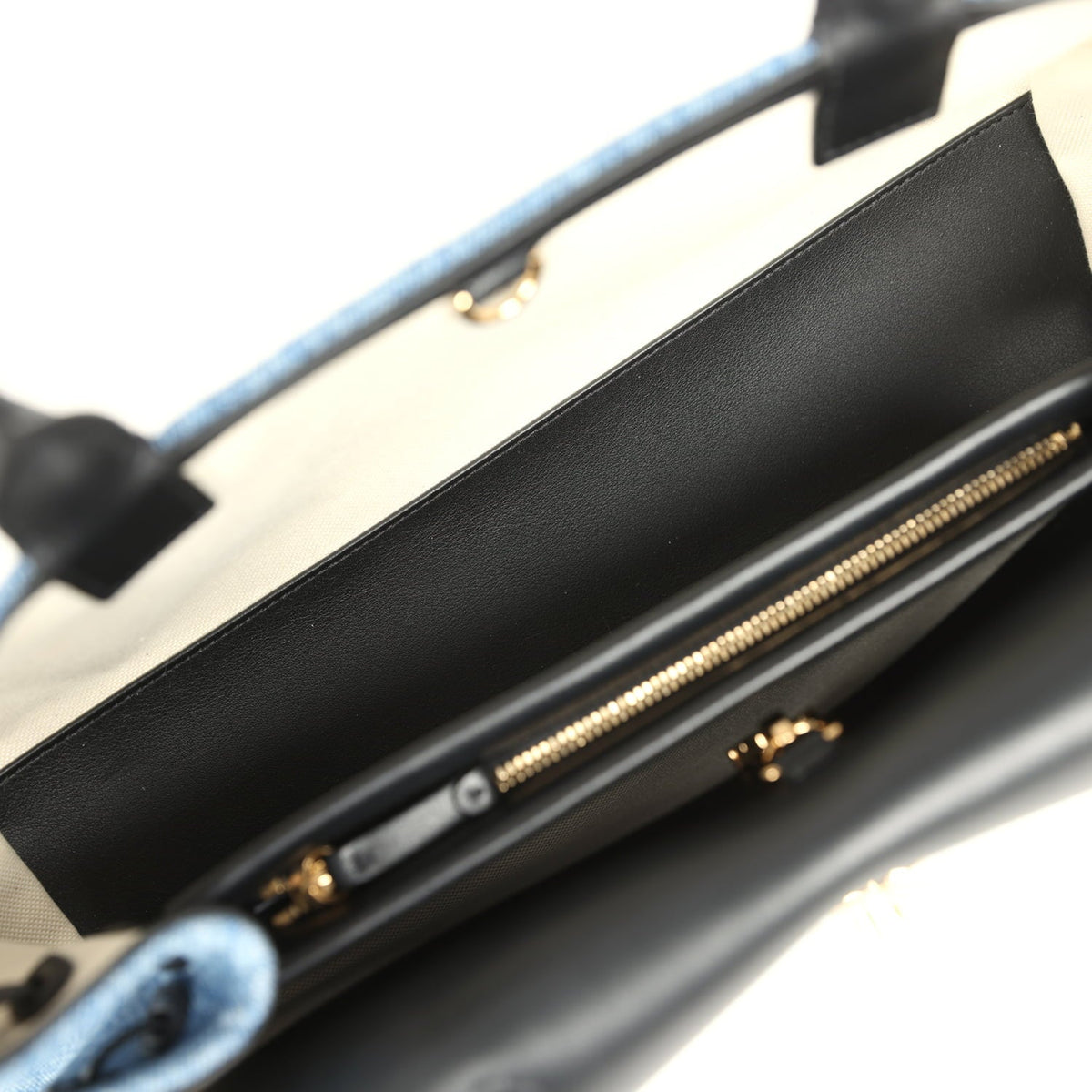 Chanel Small "Urban Essential" East West Shopping Tote Black Calfskin and Blue Denim Gold Hardware