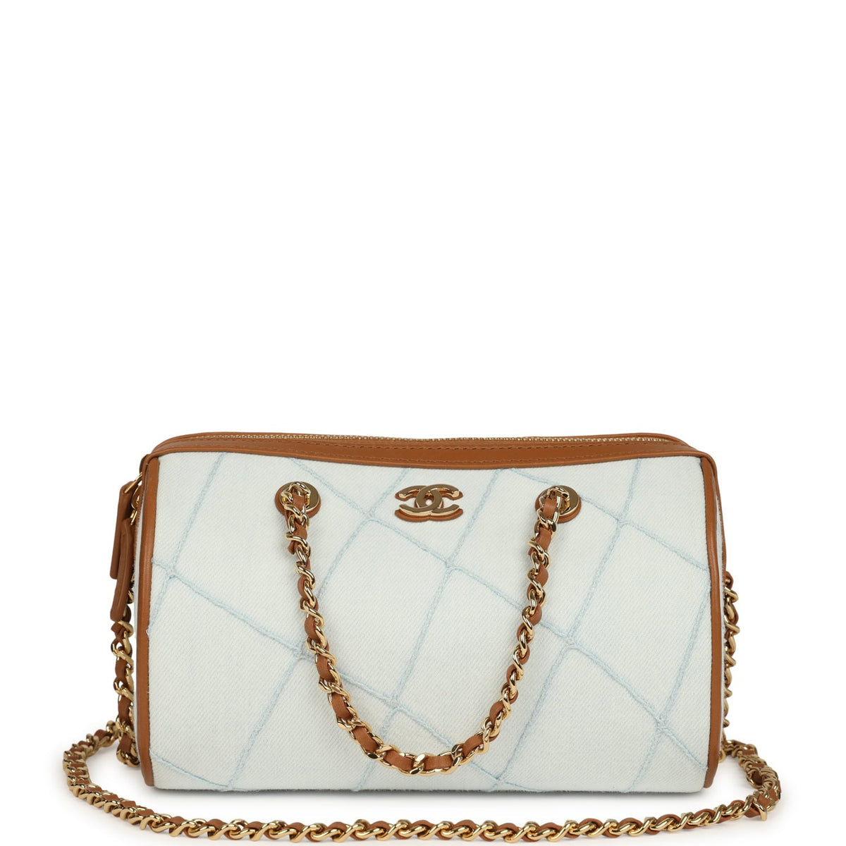 Chanel Coco Beach Mini Timeless Classic Barrel Bag with Chain Light Blue Denim and Brown Calfskin Gold Hardware