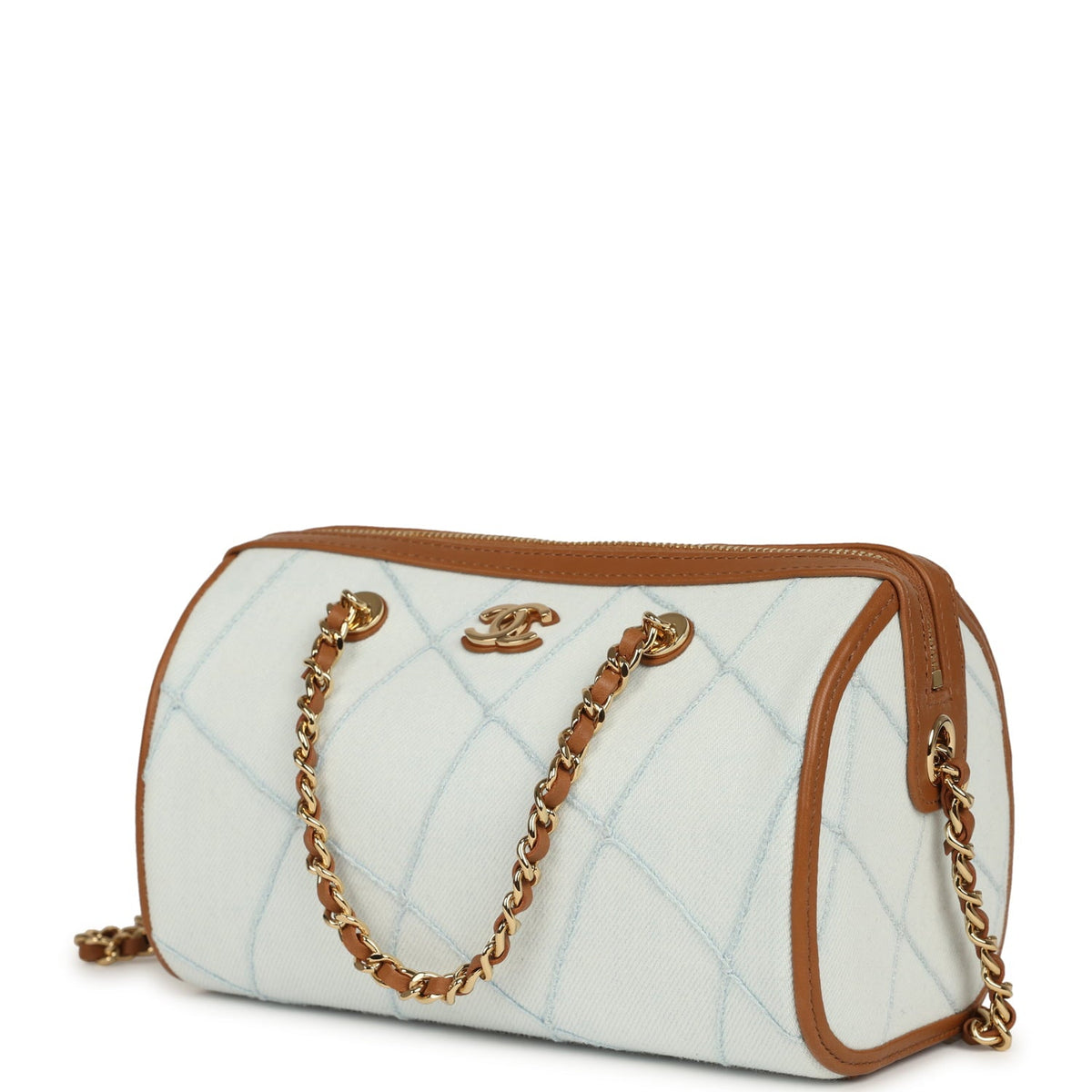 Chanel Coco Beach Mini Timeless Classic Barrel Bag with Chain Light Blue Denim and Brown Calfskin Gold Hardware